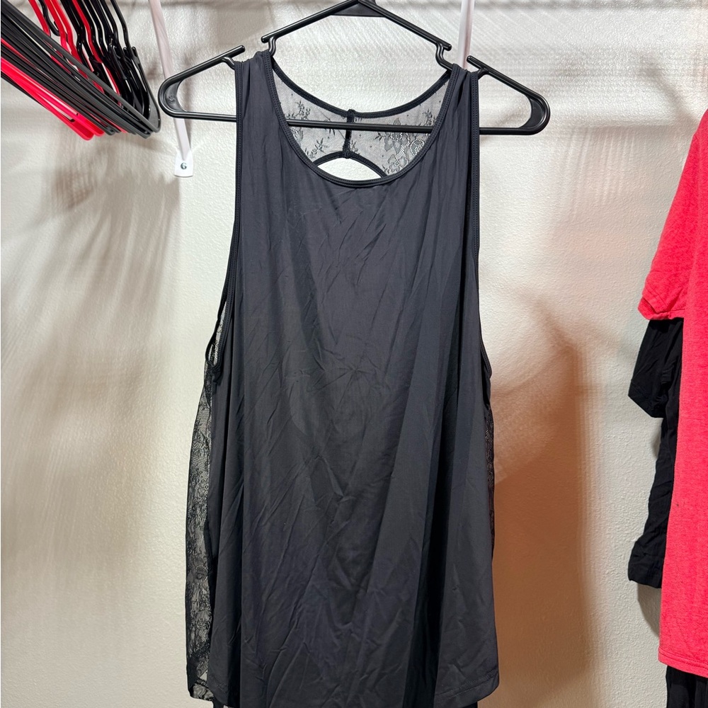 Mono B Black Lace Back Tank Top Racerback Mesh Sheer L